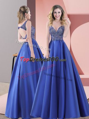 Straps Sleeveless Satin Prom Dresses Beading Sweep Train Backless