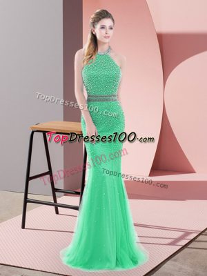 Sumptuous Backless Formal Evening Gowns Green for Prom and Party and Military Ball with Beading Sweep Train