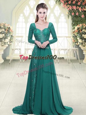 Green Empire Sweetheart Long Sleeves Chiffon Sweep Train Backless Beading and Lace Prom Dress
