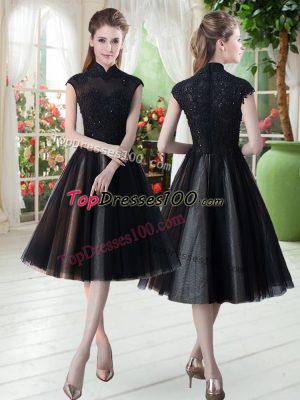 Modern Black Cap Sleeves Knee Length Beading and Lace Zipper Prom Party Dress