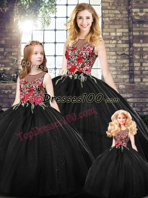 Black Ball Gowns Scoop Sleeveless Floor Length Zipper Embroidery 15th Birthday Dress