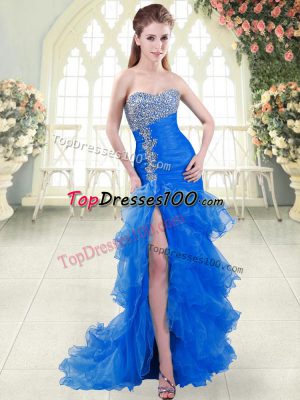 Charming Blue Sweetheart Lace Up Beading and Ruffled Layers Prom Dresses Sweep Train Sleeveless