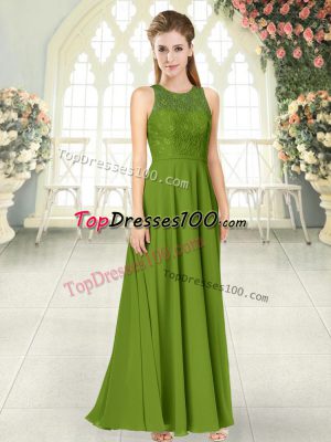 Romantic Olive Green Empire Scoop Sleeveless Chiffon Floor Length Backless Lace Prom Dress