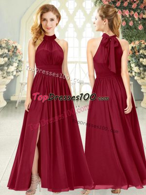 Customized Wine Red Sleeveless Ruching Ankle Length Evening Dress