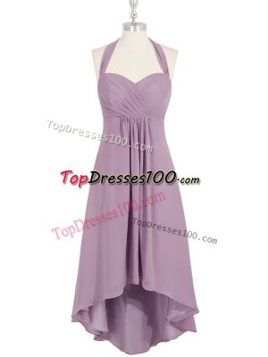 Attractive Chiffon Halter Top Sleeveless Zipper Ruching Prom Gown in Lilac