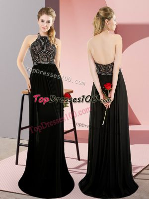 Sleeveless Chiffon Sweep Train Backless Dress for Prom in Black with Beading
