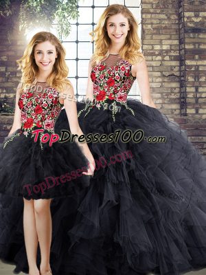 Customized Black Zipper 15th Birthday Dress Sleeveless Floor Length Embroidery and Ruffles