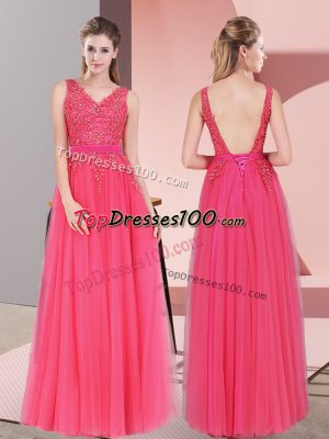 New Arrival Hot Pink Sleeveless Lace Floor Length Evening Dress
