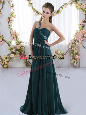 Popular Sleeveless Chiffon Brush Train Lace Up Bridesmaid Dresses in Peacock Green with Beading
