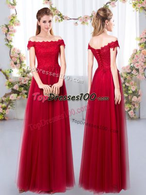 Wine Red Empire Tulle Off The Shoulder Sleeveless Lace Floor Length Lace Up Bridesmaid Gown