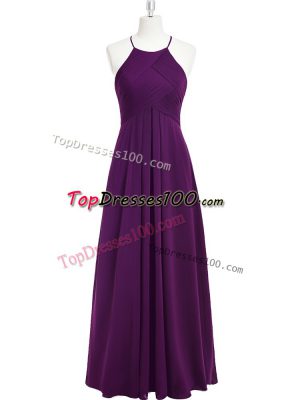 Affordable Floor Length Purple Prom Dress Chiffon Sleeveless Ruching