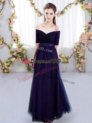 Purple Off The Shoulder Lace Up Ruching Vestidos de Damas Short Sleeves