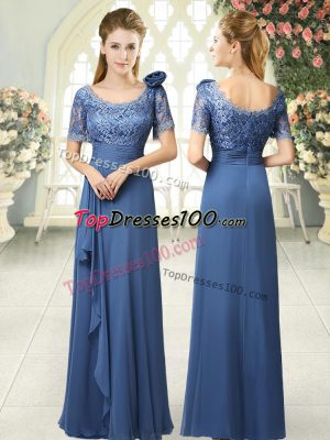 Fine Floor Length Column/Sheath Short Sleeves Blue Prom Party Dress Zipper