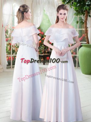 Luxury White Off The Shoulder Neckline Lace Prom Dresses Short Sleeves Zipper