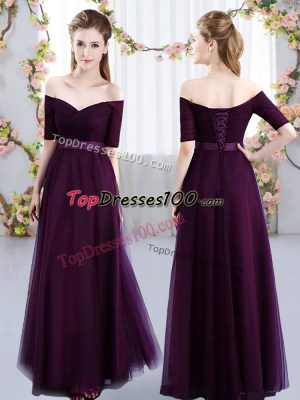 Enchanting Dark Purple Tulle Lace Up Off The Shoulder Short Sleeves Floor Length Quinceanera Court Dresses Ruching