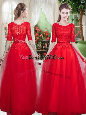 Deluxe Red Tulle Lace Up Scoop Half Sleeves Floor Length Homecoming Dress Lace