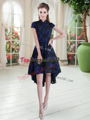 Blue And Black Short Sleeves Lace Zipper Prom Gown for Prom and Party