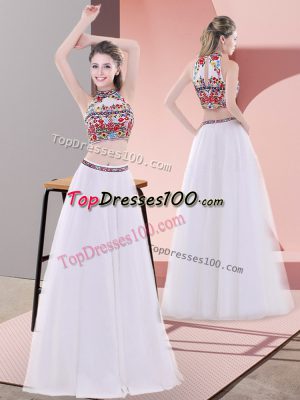 Floor Length White Homecoming Dress High-neck Sleeveless Lace Up