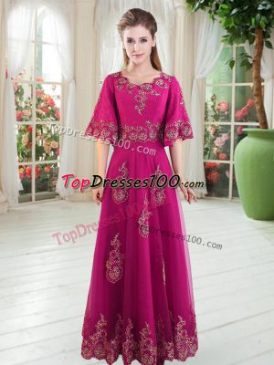 Flirting Half Sleeves Tulle Floor Length Lace Up Prom Gown in Fuchsia with Lace