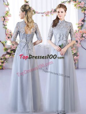Half Sleeves Lace Up Floor Length Lace Dama Dress