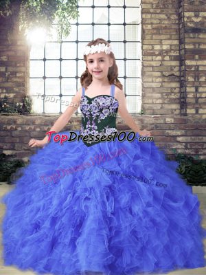 Straps Sleeveless Lace Up Little Girls Pageant Dress Blue Tulle