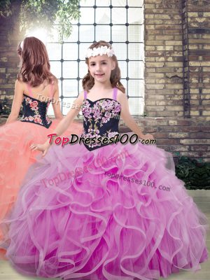 Tulle Straps Sleeveless Lace Up Embroidery and Ruffles Pageant Gowns For Girls in Lilac