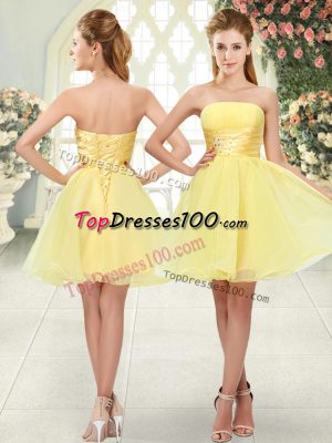Beauteous Yellow Prom Party Dress Prom and Party with Beading Strapless Sleeveless Lace Up