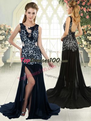 Modest Navy Blue Scoop Neckline Lace Prom Evening Gown Sleeveless Backless