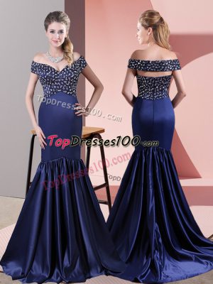 Unique Blue Satin Zipper Off The Shoulder Sleeveless Prom Party Dress Sweep Train Beading
