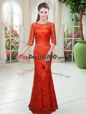 Elegant Half Sleeves Floor Length Lace Zipper Evening Outfits with Orange Red