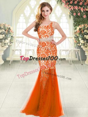 Comfortable Orange Red Sleeveless Beading and Lace Floor Length Evening Dress