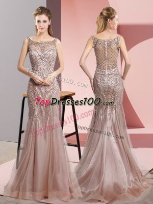 Sleeveless Floor Length Beading Zipper Evening Dress with Pink