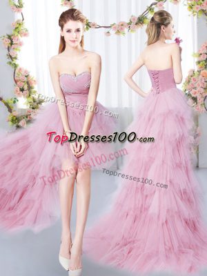 Fantastic Sweetheart Sleeveless Tulle Dama Dress Beading and Ruffles Lace Up