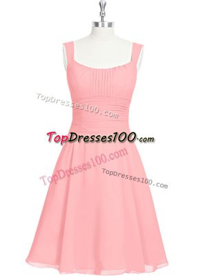 Pink A-line Straps Sleeveless Chiffon Mini Length Zipper Ruching Prom Party Dress