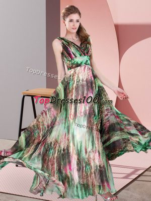 V-neck Sleeveless Lace Up Evening Dress Multi-color Printed