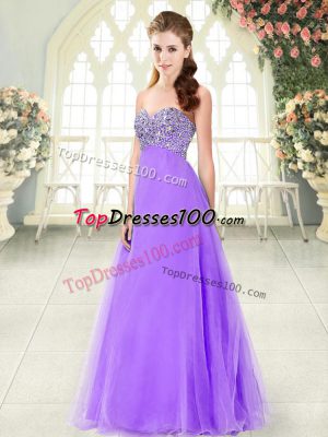 Lavender A-line Sweetheart Sleeveless Tulle Floor Length Lace Up Beading Prom Dress