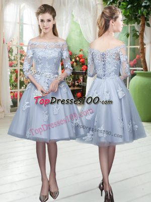 Graceful 3 4 Length Sleeve Knee Length Appliques Lace Up Prom Party Dress with Grey