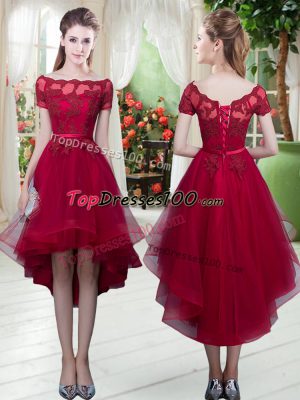 Wine Red A-line Off The Shoulder Short Sleeves Tulle High Low Lace Up Appliques Prom Evening Gown