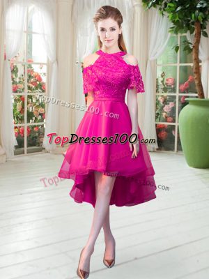 Hot Pink Zipper Lace Short Sleeves High Low