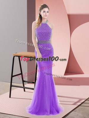 Mermaid Sleeveless Purple Prom Gown Sweep Train Backless