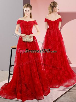 Red Sleeveless Tulle Sweep Train Lace Up Prom Evening Gown for Prom and Party and Military Ball