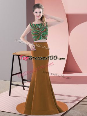 Brown Satin Backless Scoop Sleeveless Formal Evening Gowns Sweep Train Beading