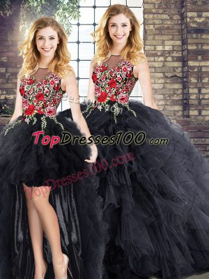 Black Sweet 16 Dress Military Ball and Sweet 16 and Quinceanera with Embroidery and Ruffles Scoop Sleeveless Zipper