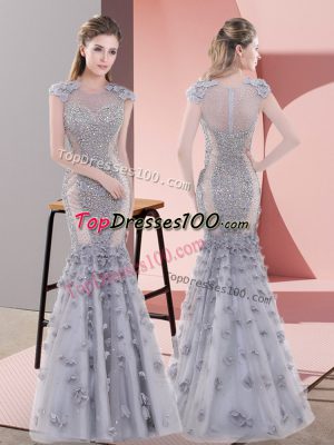 Unique Scoop Cap Sleeves Lace Up Prom Dresses Grey Tulle