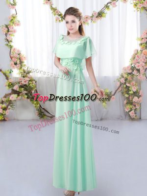 Fabulous Chiffon Scoop Short Sleeves Zipper Appliques Dama Dress for Quinceanera in Apple Green