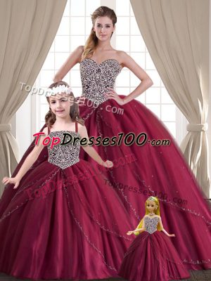 Low Price Floor Length Red 15th Birthday Dress Tulle Sleeveless Beading