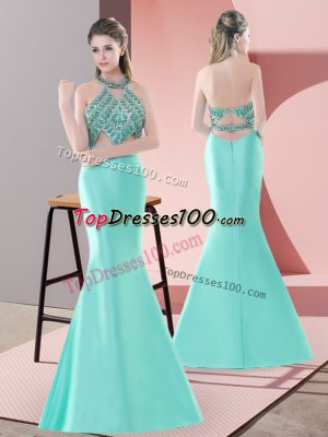 Dazzling Blue and Apple Green Prom and Party and Military Ball with Beading Halter Top Sleeveless Sweep Train Backless