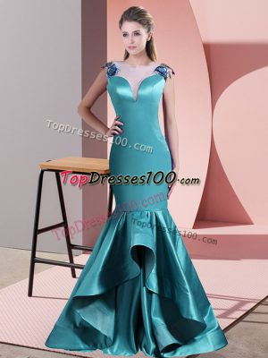 Teal Sleeveless Sweep Train Beading and Lace Prom Dress