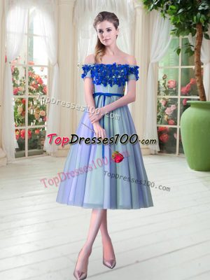 Tea Length Blue Evening Party Dresses Tulle Sleeveless Appliques