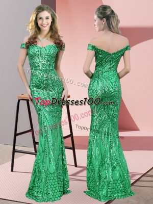 Lovely Off The Shoulder Sleeveless Dress for Prom Floor Length Ruching Green Sequined